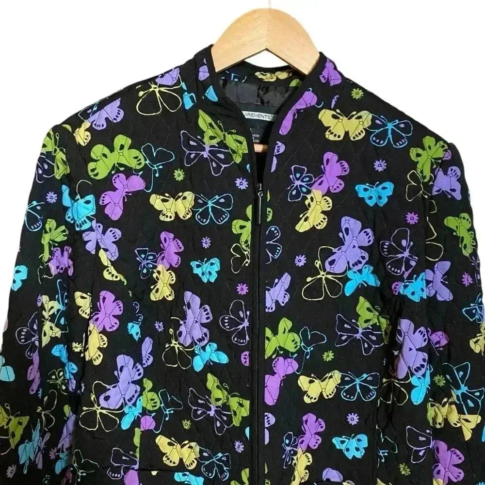 VGT Y2K REQUIREMENTS Women's Black Quilted Embroidered Butterfly Jacket Coat XL - Picture 2 of 14